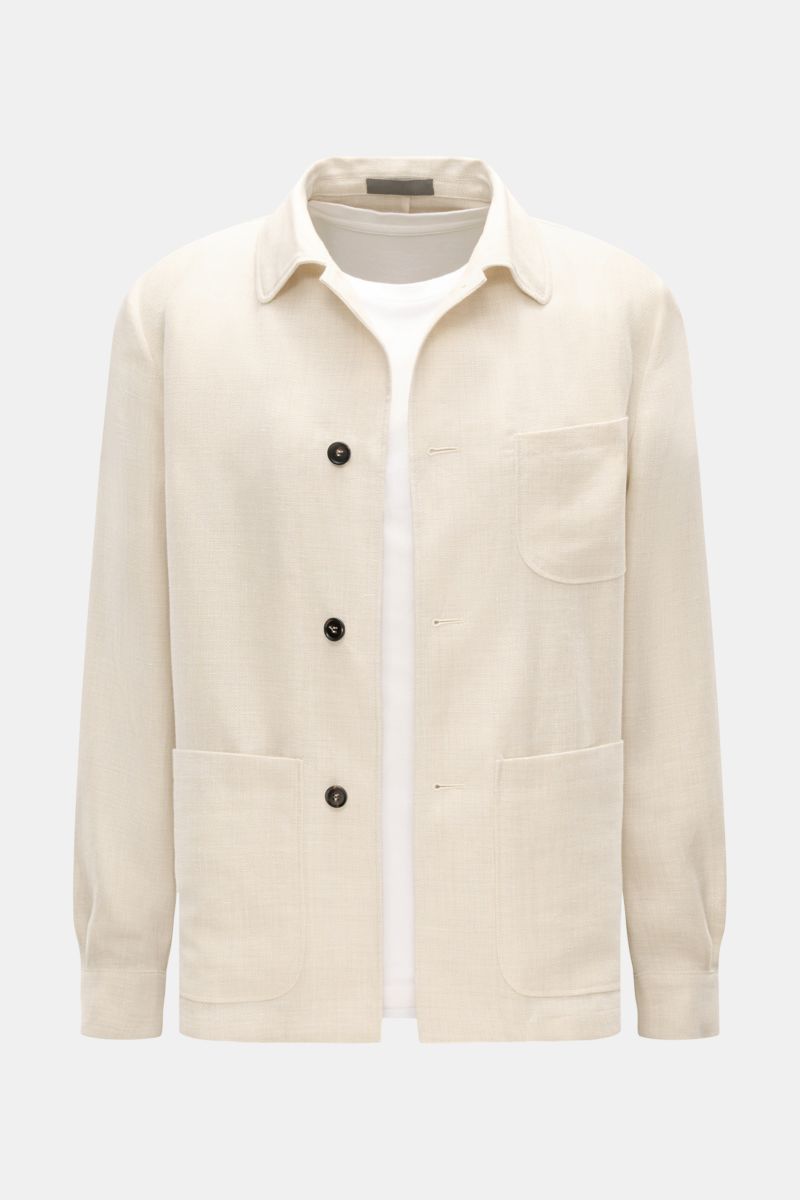 Corneliani Overshirt sand meliert aus Leinen und Wolle, Slim Fit, Hemd-Jacken-Hybrid, frontal mit Umlegekragen, vier Knöpfen und Taschen.