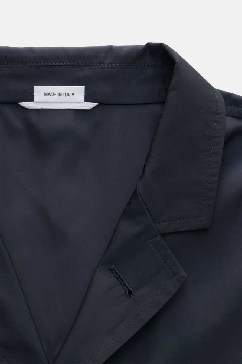 Nahaufnahme des variablen Kragens vom Thom Browne Overshirt navy aus hochwertiger Microfaser mit glattem Griff, fotografiert von oben.