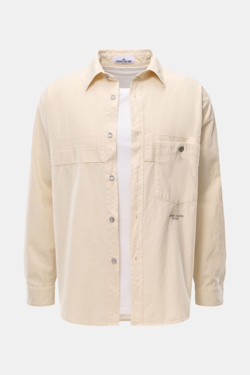 Stone Island Overshirt 'Marina' creme, frontale Ansicht, Panamabindung, sechs Knöpfe, Umlegekragen, Brusttasche, Regular Fit, weicher Griff.