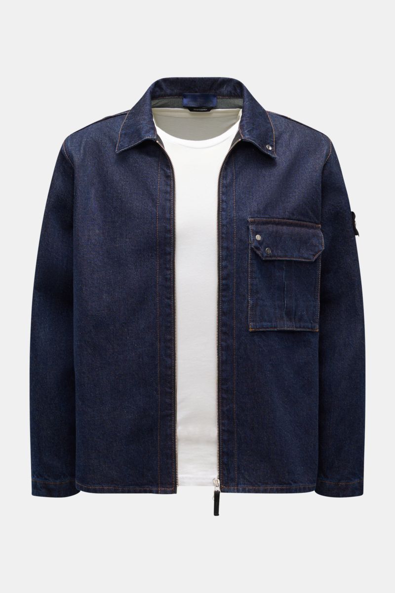 Front view of Stone Island Denim overshirt navy in indigo-dyed cotton with patch pocket, two-way zip, turn-down collar, snap button cuffs, and compass badge. For casual denim looks: Made from indigo-dyed cotton yarn, this overshirt from the STONE ISLAND '