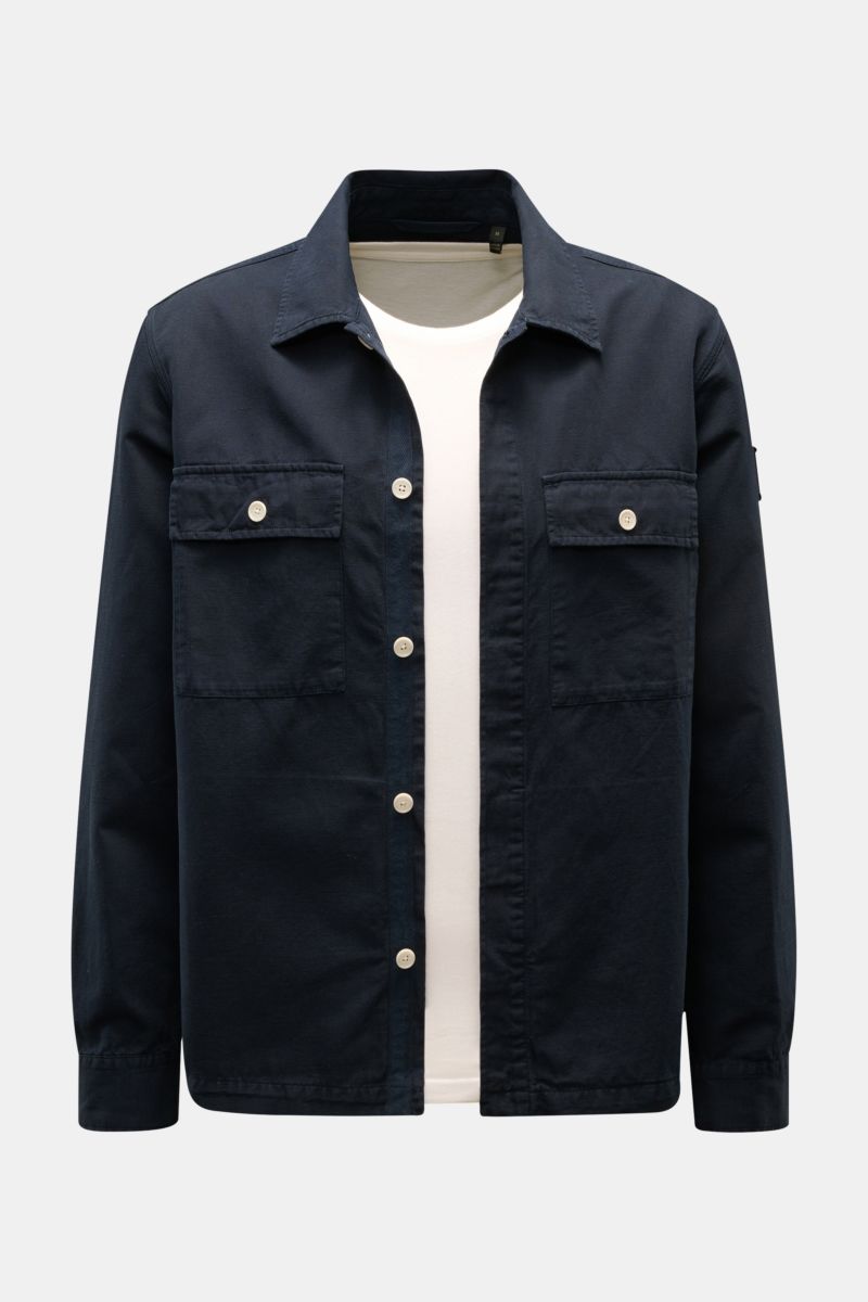 Belstaff Overshirt 'Maritime' navy shown from the front, slim fit cotton-linen blend, narrow collar, concealed buttons, patch breast pockets, barrel cuffs, woven label on sleeve.