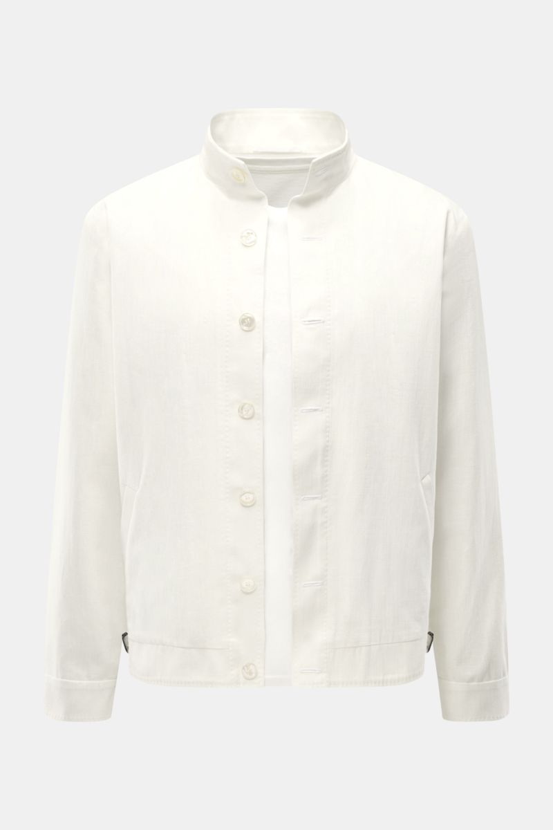 Front view of Stile Latino Overshirt 'Gbu Teseo' cream in pure cotton, slim fit with standing collar, seven-button placket, jetted pockets, button cuffs, and unconstructed design, combining exquisite quality with timeless elegance for transitional seasons