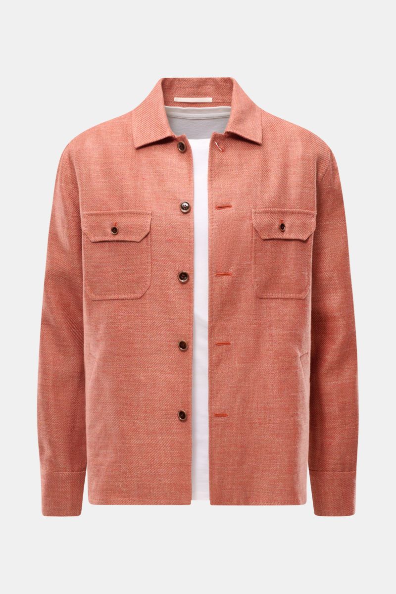 Front view of Stile Latino Overshirt 'Gu Texas' orange mottled, linen-cotton blend, regular fit, five-button placket, turn-down collar, flap breast pockets, slanted hip pockets, button cuffs, and unconstructed design. Luxurious layers: This sophisticated 