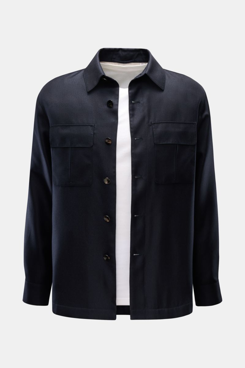 Front view of Agnona Overshirt navy in a slim fit with six-button placket, chest flap pockets, side seam pockets, and buttoned cuffs.