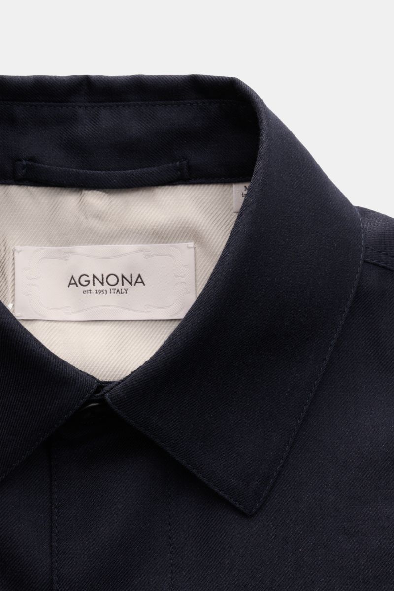 Close-up front view of the collar and label of the Agnona Overshirt navy, a slim fit layering piece in a luxurious cashmere-silk mix.