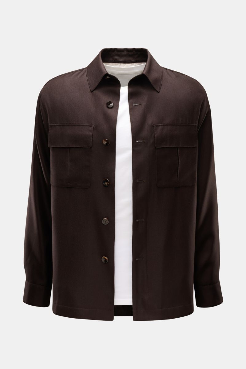 A front view of the Agnona Overshirt dunkelbraun in dark brown, featuring a slim fit, six-button placket, soft cashmere-silk mix, flap chest pockets, side seam pockets, buttoned cuffs, half-lined interior, and inner pocket.