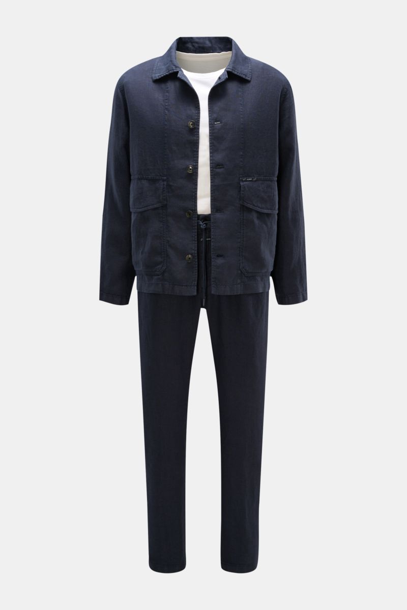 Frontansicht des Closed Overshirt 'Cargo Jacket' navy aus reinem Leinen mit kastiger Silhouette, fünf Knöpfen, Umlegekragen und großen Fronttaschen.