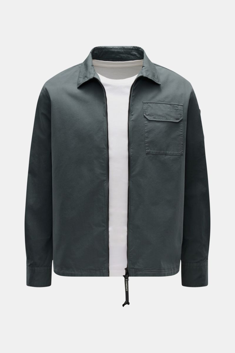 Frontale Ansicht des C.P. Company Overshirt dunkelgrau mit Umlegekragen, Slim Fit, Zwei-Wege-Reißverschluss, Brusttasche und Manschetten.