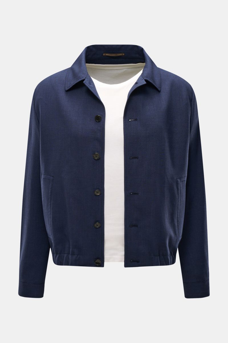 Front view of Incotex Overshirt navy mottled in virgin wool-silk blend, regular fit with six-button placket, turn-down collar, jetted pockets, button cuffs, elasticated hem, and unconstructed design.