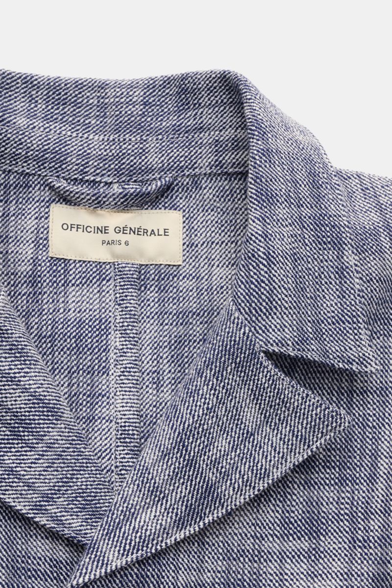 Officine Générale Overshirt 'Sheldon' navy/weiß, Detailaufnahme Kragen und Label, Slub-Cotton-Twill, Regular Fit, weicher Griff, Unconstructed-Design.