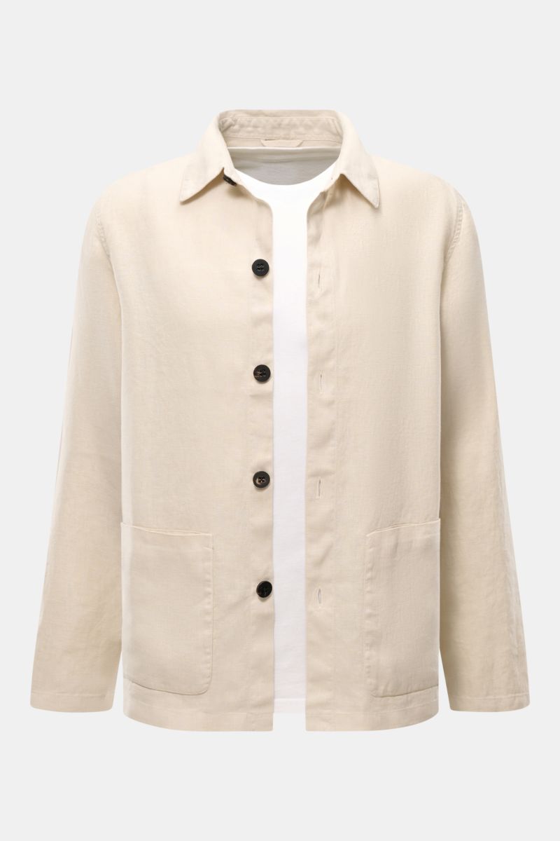 Front view of 04651/ A trip in a bag Overshirt 'Linen Jacket' beige, slim fit pure linen fabric with five-button placket, turn-down collar, patch front pockets, and one inside pocket for casual linen looks. For casual linen looks: This overshirt by 04651/
