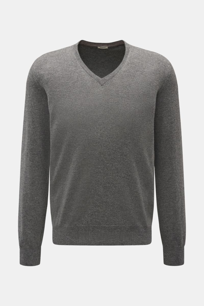 Gran Sasso V-Neck Pullover grau meliert, frontale Nahaufnahme, Regular Fit, weiches Materialmix aus Wolle, Viskose, Cashmere, feines Strickbild, komfortable Rippbündchen.