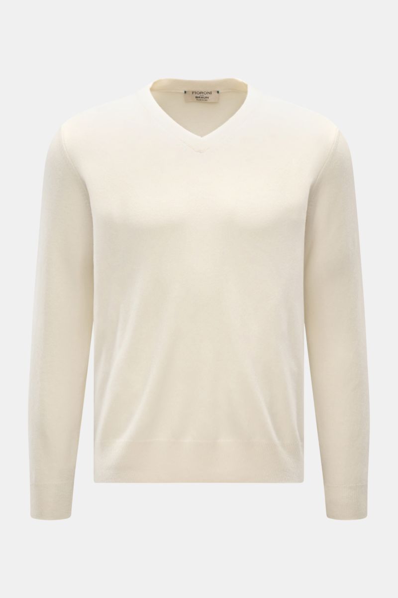 Fioroni Cashmere V-Neck Pullover creme, frontale Ansicht, Slim Fit, weiches Baby-Cashmere, feines Strickbild, flexible Rippbündchen, Luxus zum Spüren.