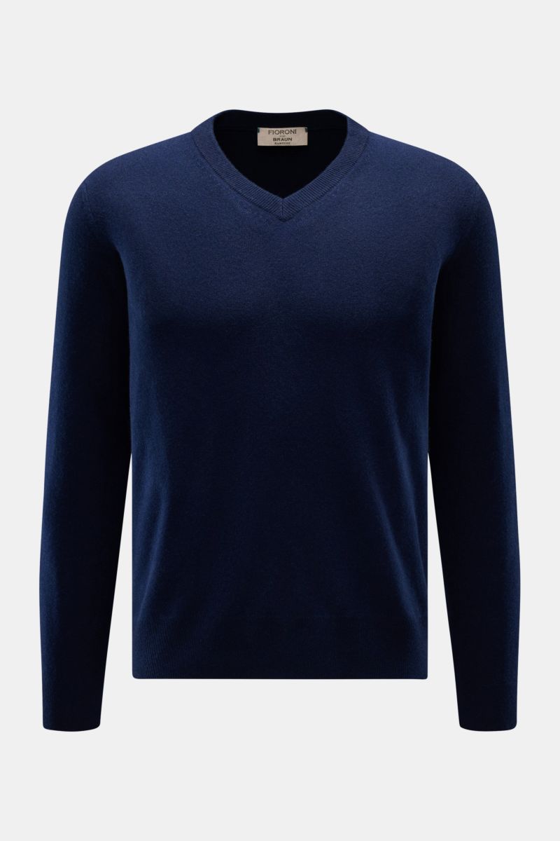 Fioroni Cashmere V-Neck Pullover navy, frontale Ansicht, Slim Fit, reiner Baby-Cashmere, sehr weich, feines Strickbild, flexible Rippbündchen, Luxus spürbar.