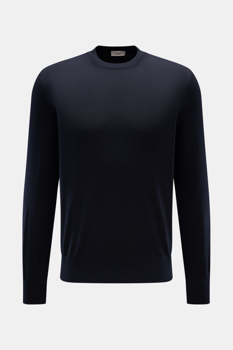 Agnona Rundhalspullover dark navy, Slim Fit, feines Strickbild, reine Wolle, Rundhalsausschnitt, Rippbündchen, frontal fotografiert.