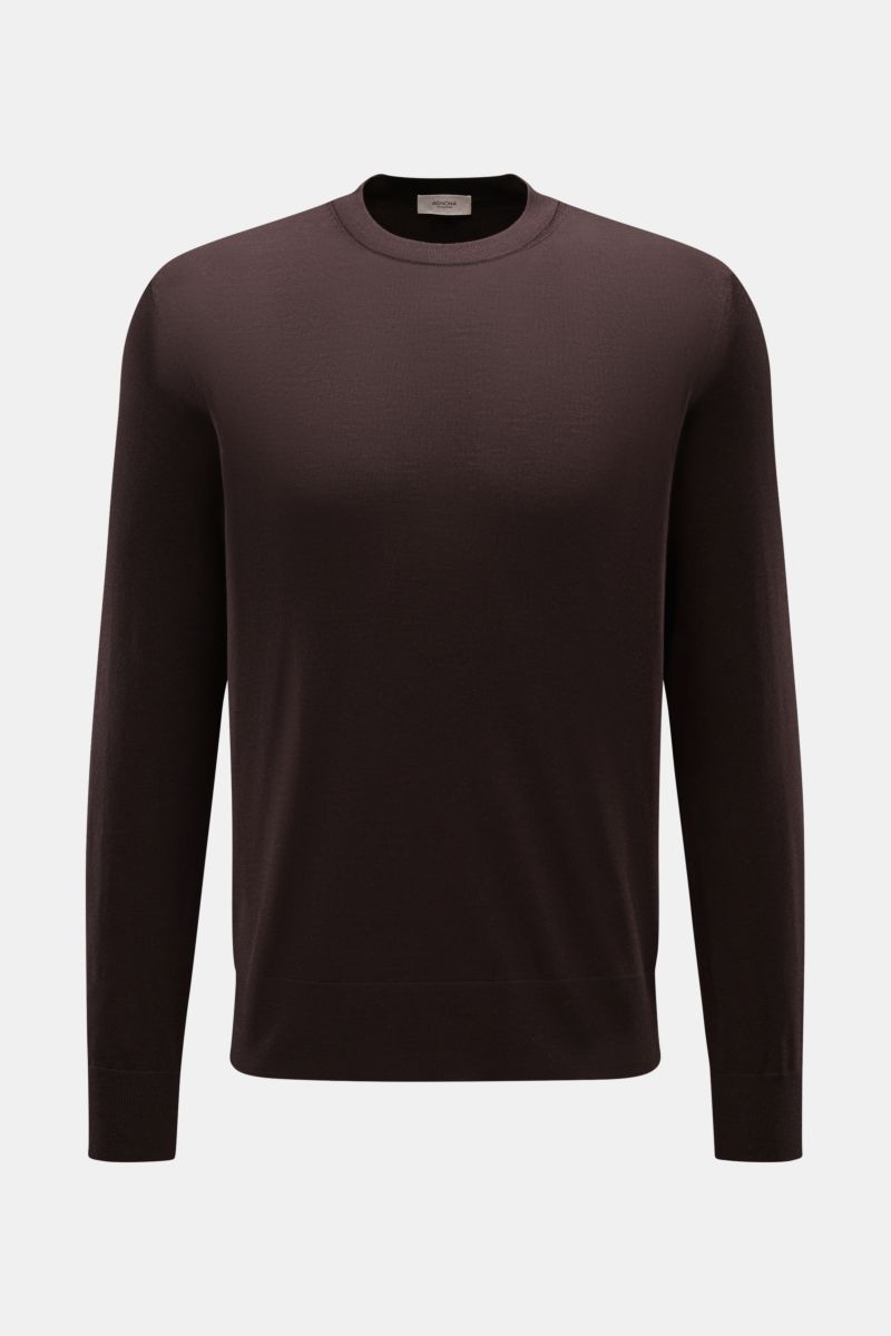 Agnona Rundhalspullover dunkelbraun in Slim Fit, aus reiner Wolle mit feinem Strickbild, Rundhalsausschnitt, Rippbündchen, frontal fotografiert.