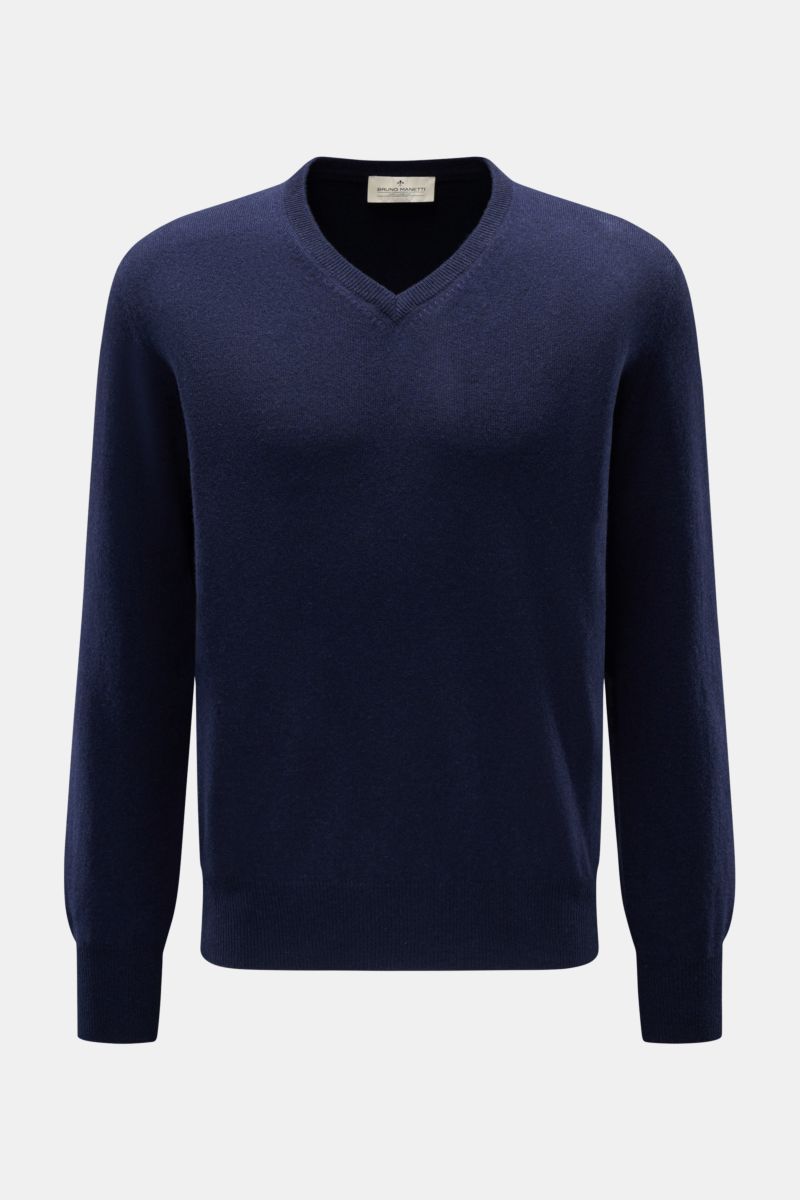 Bruno Manetti Cashmere V-Neck Pullover navy, frontale Nahaufnahme, weicher, reiner Cashmere mit feinem Strickbild, Regular Fit, Rippbündchen, V-Ausschnitt.
