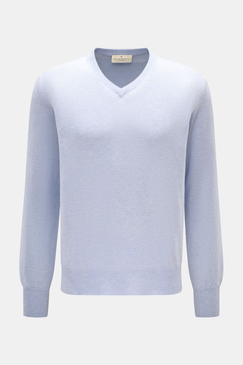 Bruno Manetti Cashmere V-Neck Pullover hellblau meliert, frontale Ansicht, V-Ausschnitt, reiner Cashmere, weicher Griff, Regular Fit, Rippbündchen.
