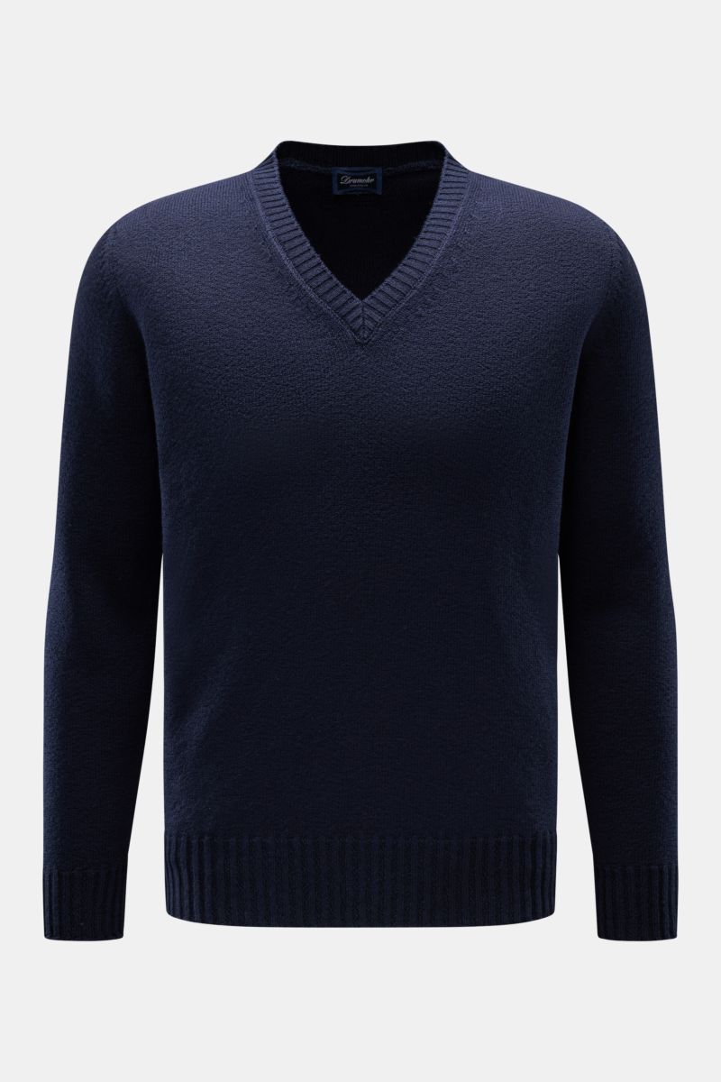 Drumohr V-Neck Pullover dunkelblau, frontal fotografiert, Slim Fit, weiche Baumwolle mit leichter Bouclé-Struktur, V-Ausschnitt, breite Rippbündchen.