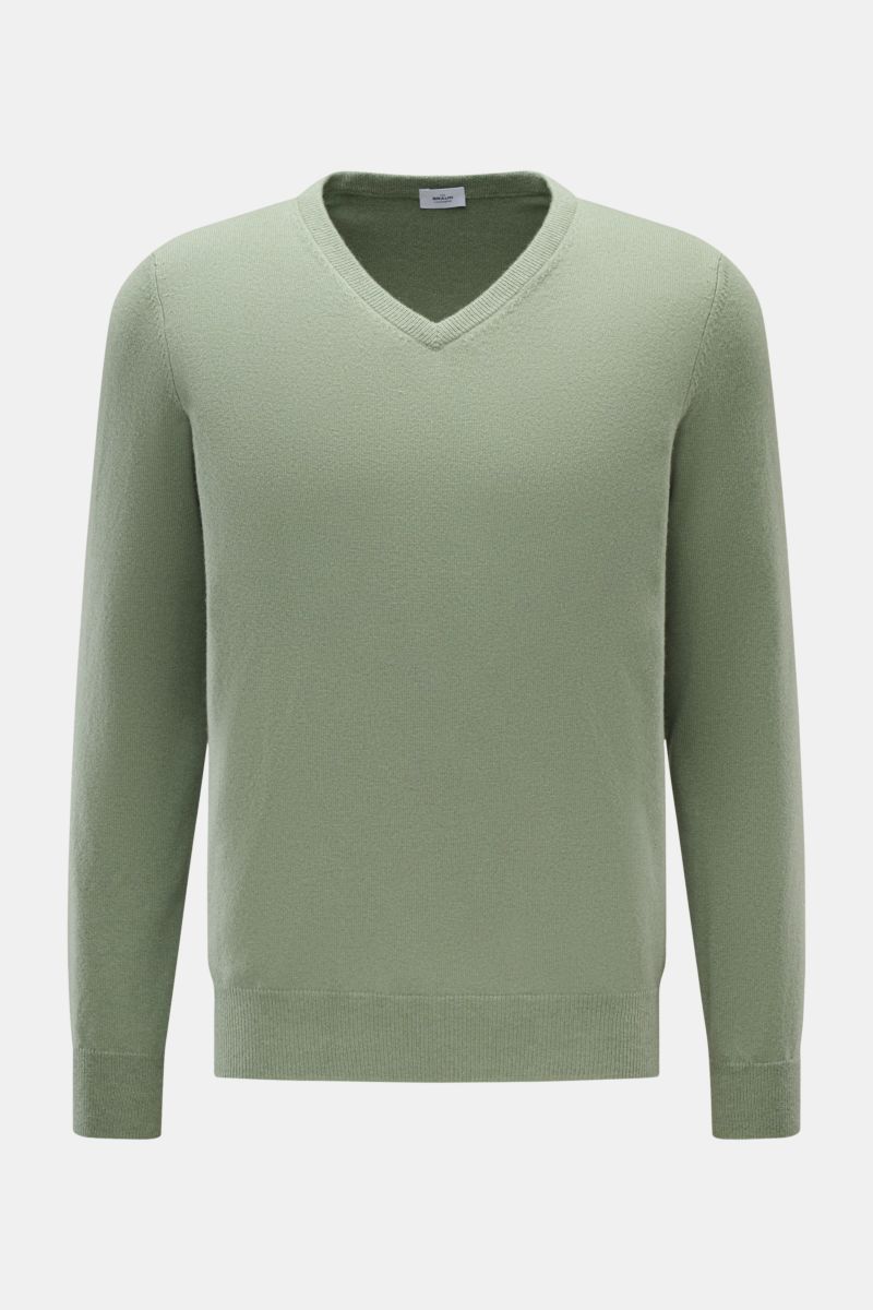 von Braun Cashmere V-Neck Pullover graugrün, Slim Fit, fein gestrickt, V-Ausschnitt, elastische Rippbündchen, weicher Cashmere, Frontansicht