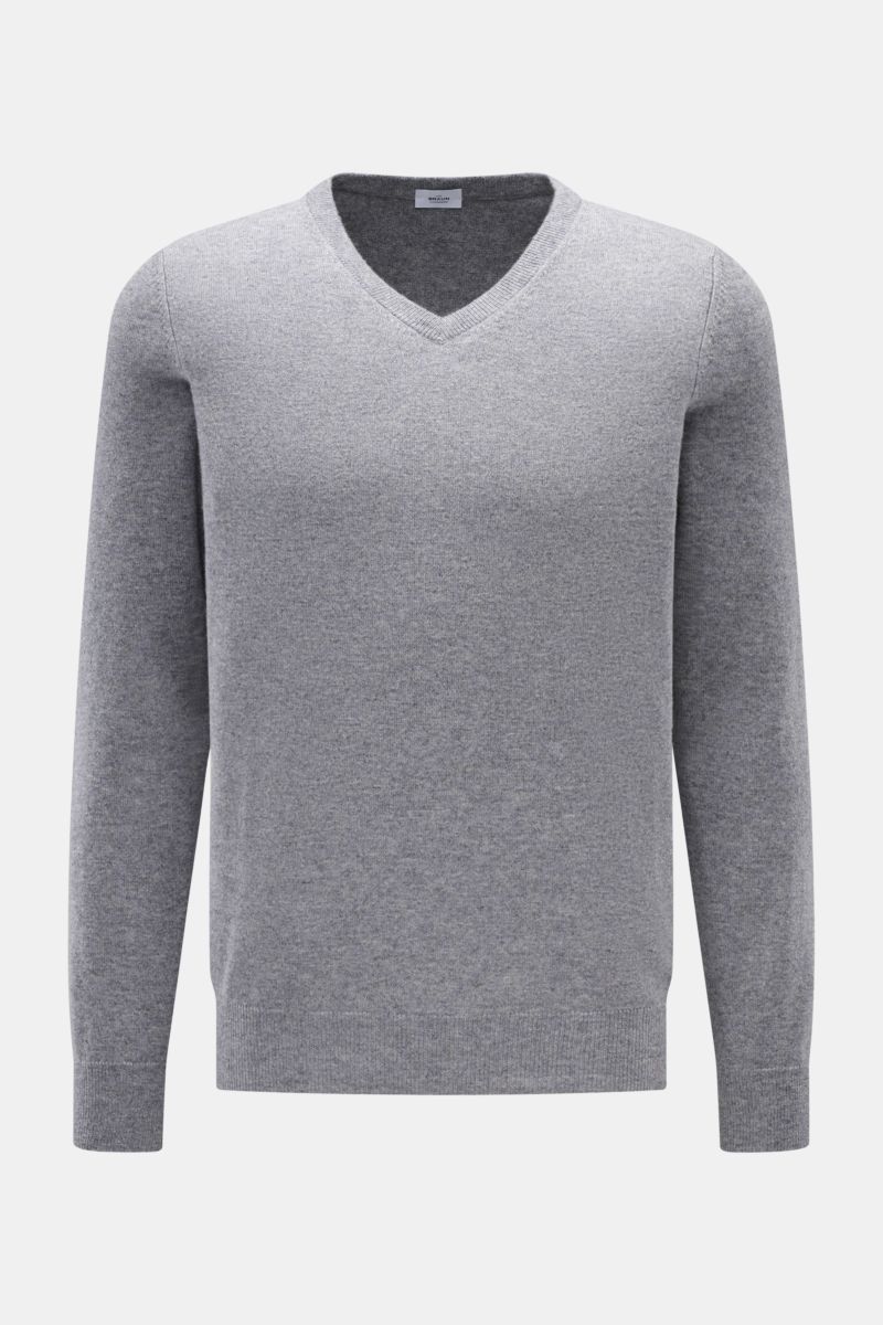 von Braun Cashmere V-Neck Pullover grau meliert, Slim Fit, feines Strickbild, V-Ausschnitt, elastische Rippbündchen, weich, reine Mongolei-Cashmere, Frontansicht