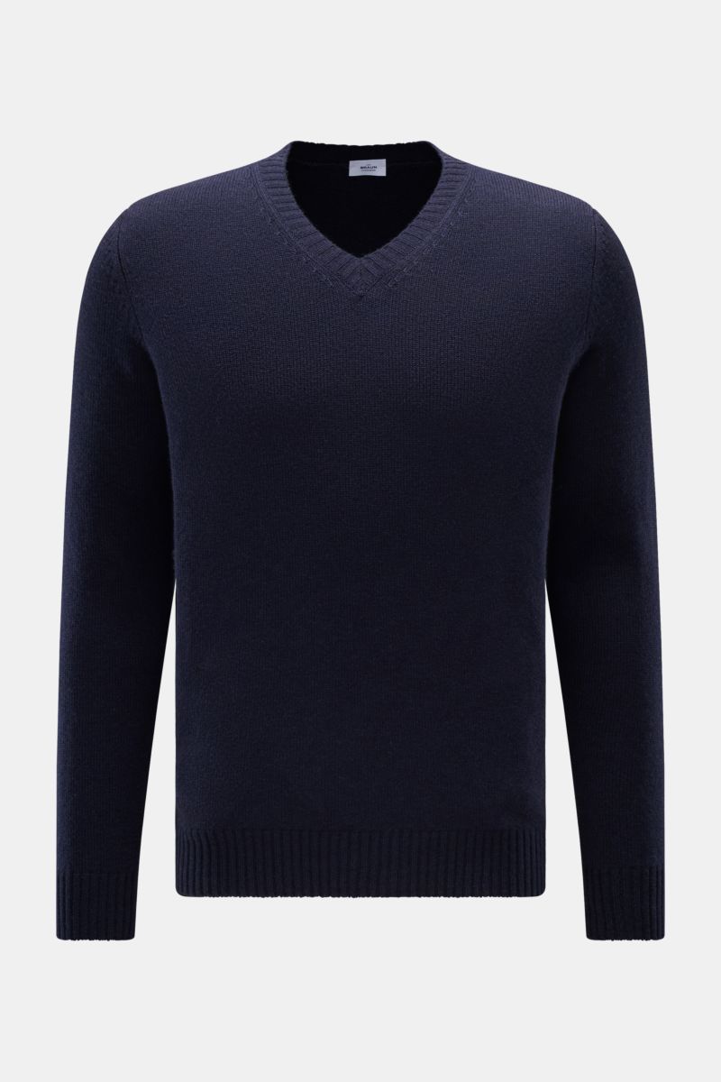 von Braun Cashmere V-Neck Pullover navy, frontal fotografiert, Slim Fit, reiner mongolischer Cashmere, weicher Griff, mittelfeines Strickbild, V-Ausschnitt, elastische Rippbündchen.