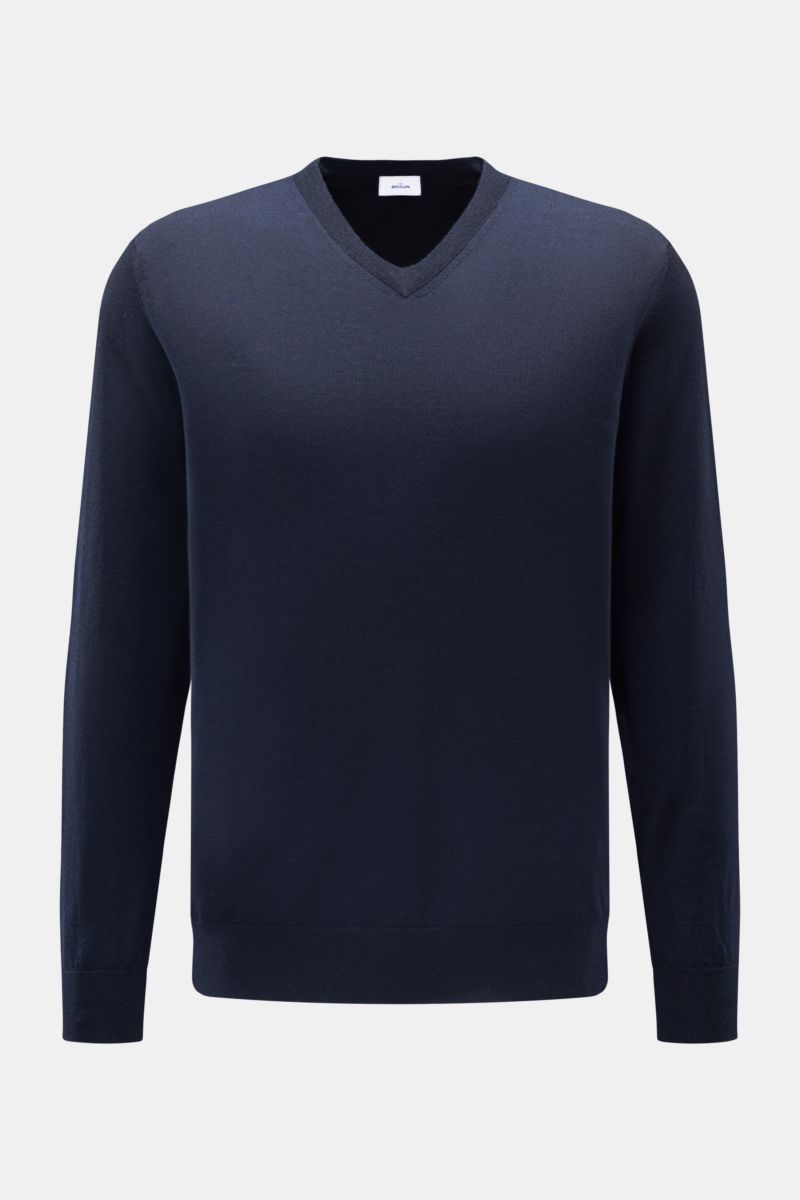 von Braun Merino V-Neck Pullover navy in Slim Fit, reine Merinowolle, feines Strickbild, V-Ausschnitt, elastische Rippbündchen, Frontalansicht.