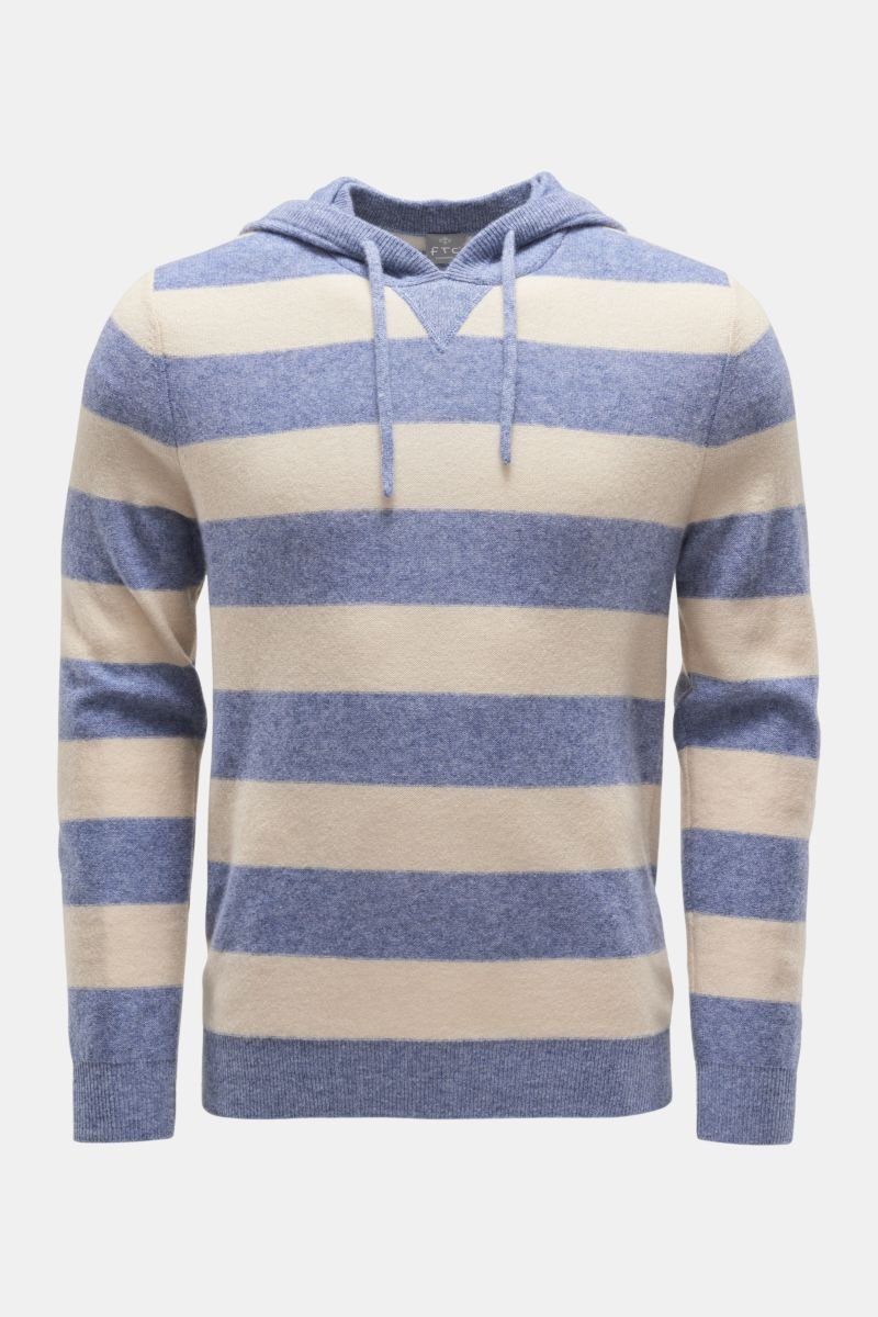 Cashmere hooded jumper smoky blue/beige striped