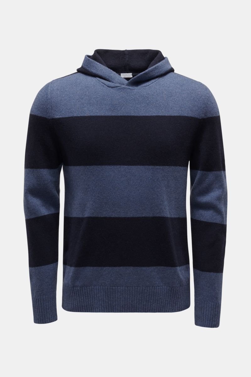 Cashmere hooded jumper grey-blue/navy striped