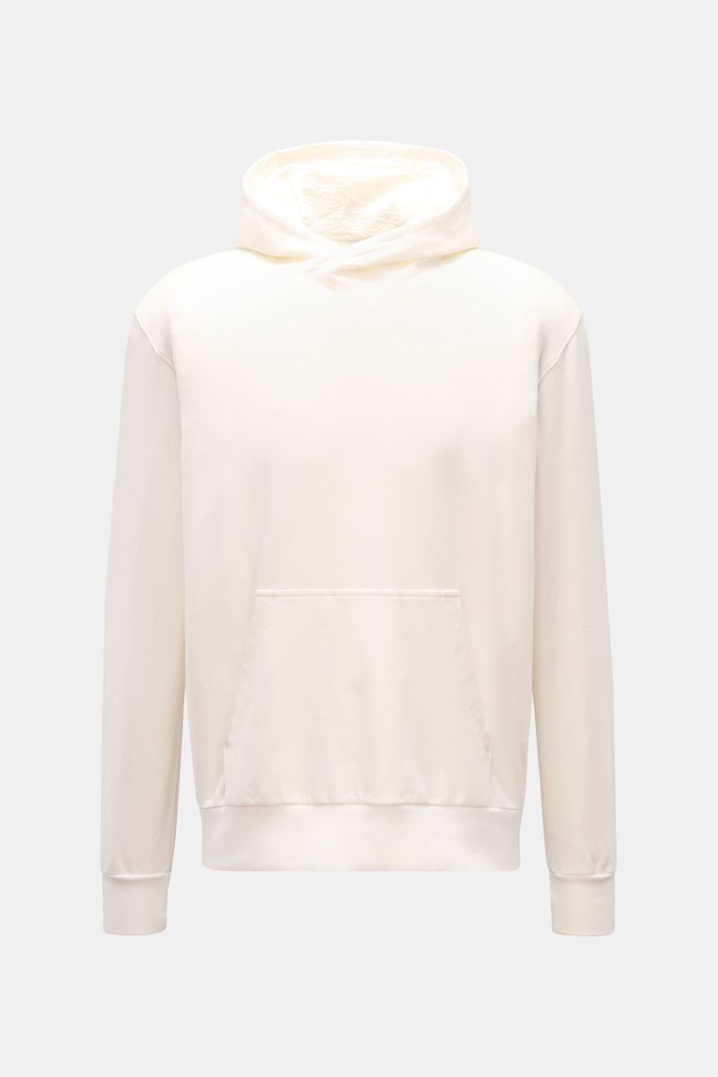Front view of 04651/ A trip in a bag Kapuzenpullover 'IF Hoodie' offwhite made of brushed elastic cotton jersey with hood, ribbed cuffs, and kangaroo pocket.