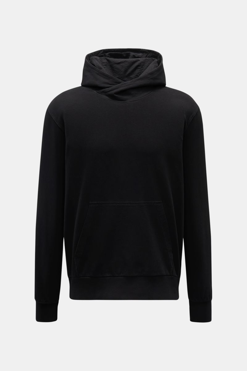 Front view of the 04651/ A trip in a bag Hooded jumper 'IF Hoodie' black in brushed jersey stretchy cotton, soft feel, regular fit, practical hood, ribbed bands, and side seam woven label.