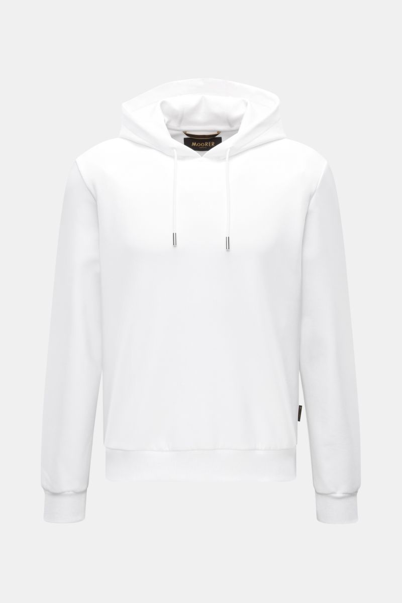 Front view of Moorer Hooded jumper 'Ellery' white in slim fit, with drawstring hood, flexible ribbed bands, and smooth fine knit fabric. Confident ease: With its clean design and maximum comfort, the hooded jumper 'Ellery' by MOORER is a versatile compani
