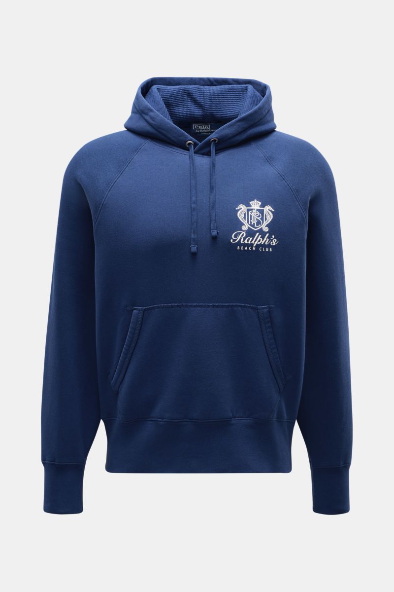 Polo Ralph Lauren Kapuzenpullover dunkelblau, frontal fotografiert, oversized Fit, Kapuze mit Tunnelzug, maritimer Logo-Print, Kängurutasche, weicher Griff.