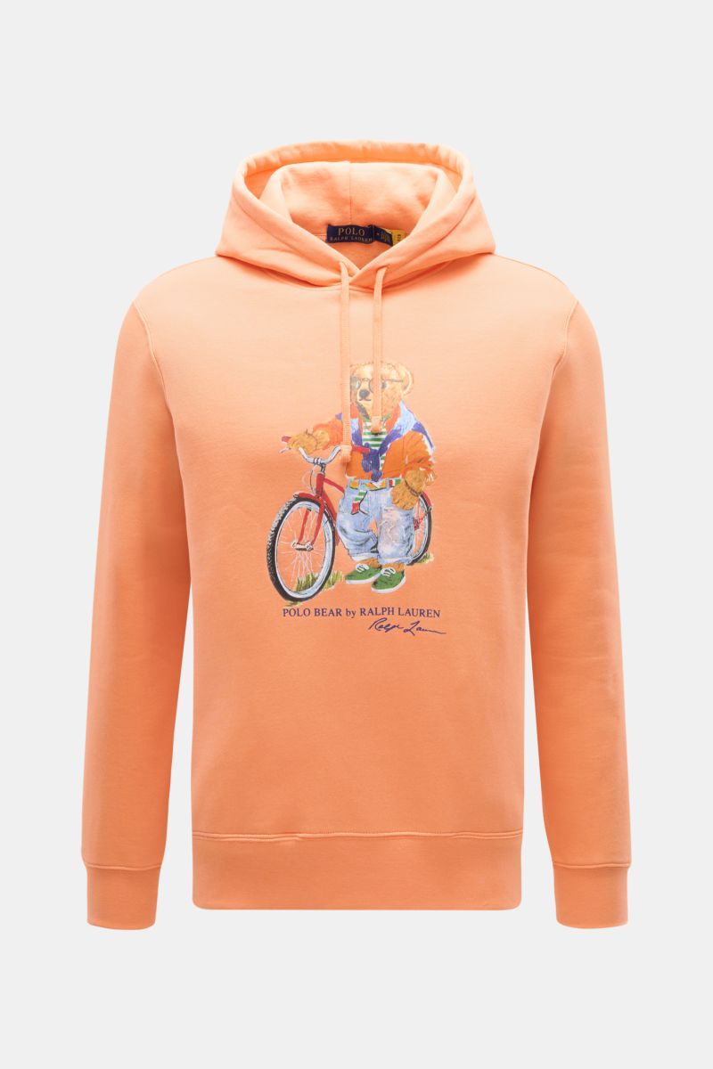Polo Ralph Lauren Kapuzenpullover hellorange mit Polo-Bear-Print auf Bike, Kapuze mit Tunnelzug, weicher Griff, Regular Fit, Frontansicht.