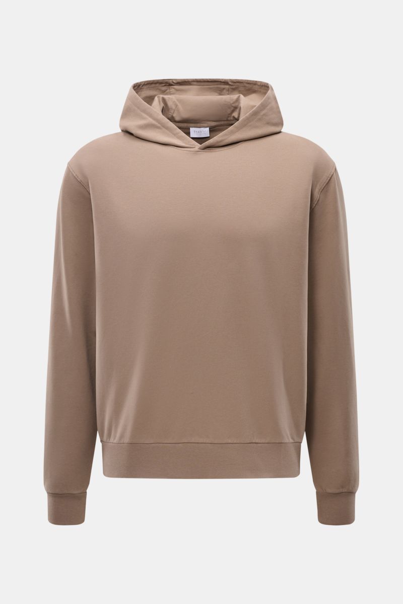 Front view of 04651/ A trip in a bag Hooded jumper 'IF Hoodie' taupe in brushed stretchy cotton jersey, soft feel, regular fit, ribbed bands, practical hood.