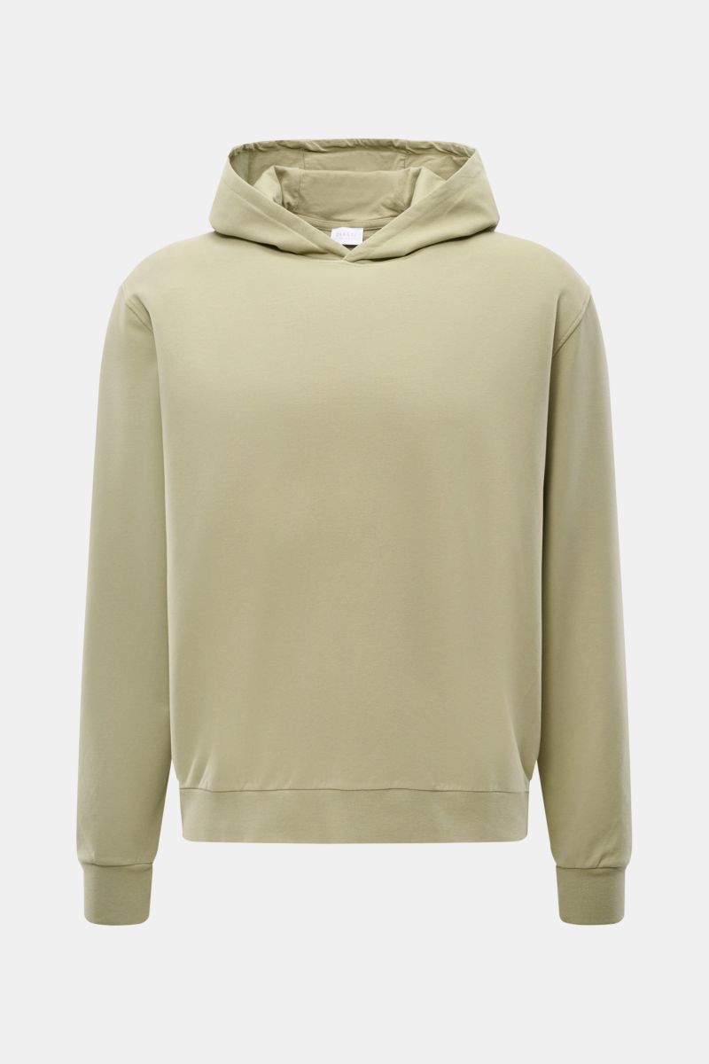 Front view of the 04651/ A trip in a bag Hooded jumper 'IF Hoodie' sage in brushed jersey stretchy cotton, featuring a practical hood, comfortable ribbed bands, regular fit, and a small woven label in the side seam for a very soft feel.