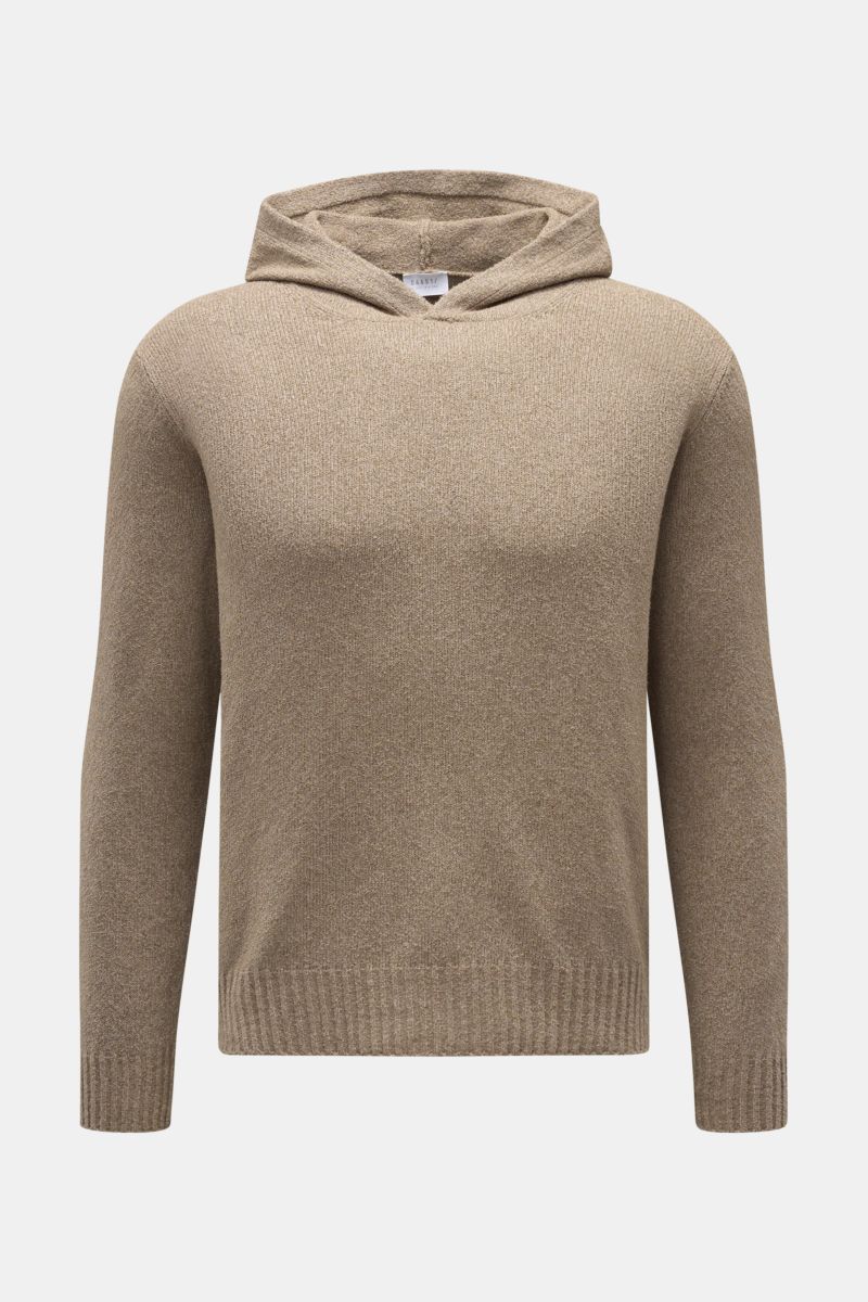 Front view of 04651/ A trip in a bag Hooded jumper 'Knit Terry Hoodie' taupe mottled with fine bouclé texture, slim fit, practical hood, elastic cotton and microfiber blend, ribbed bands, and a slightly grainy feel. Distinctive terry look, comfortable fee