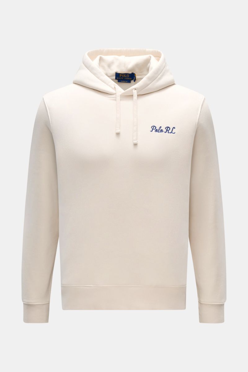 Front view of Polo Ralph Lauren Hooded jumper white, featuring a drawstring hood, embroidered 'Polo RL' on chest, soft fleece lining, and regular fit.

Description: Iconic signature style by POLO RALPH LAUREN: This hooded jumper with a soft fleece lini