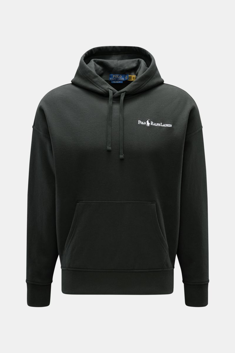 Polo Ralph Lauren Kapuzenpullover anthrazit, frontal fotografiert, aus weichem Baumwoll-Microfaser-Sweat mit Kängurutasche, Rippbündchen und Logo-Stitching.