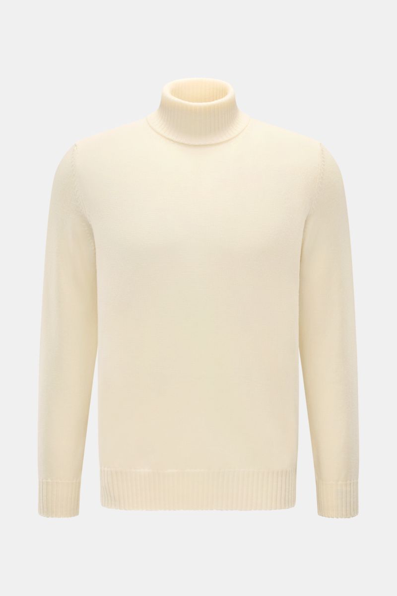 Gran Sasso Rollkragenpullover creme aus reiner Schurwolle, Slim Fit, mittelfeines Strickbild, anliegender Rollkragen, Rippbündchen, frontale Ansicht.