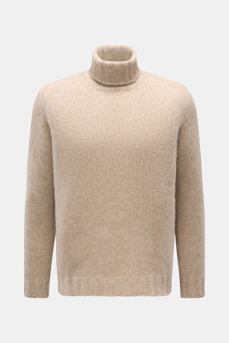 Fedeli Rollkragenpullover 'Derby' beige meliert, Frontansicht, grobes Strickbild, Regular Fit, Mix aus Cashmere und Seide, weicher Griff, Rippbündchen, Rollkragen.