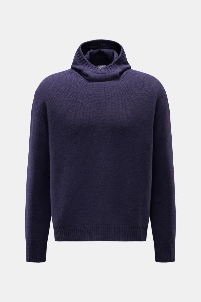 Front view of the 04651/ A trip in a bag Hooded jumper dark blue, a wool-cashmere blend with turtleneck hood, soft medium-fine knit, regular fit, wide ribbed bands, and high shawl collar providing reliable warmth.