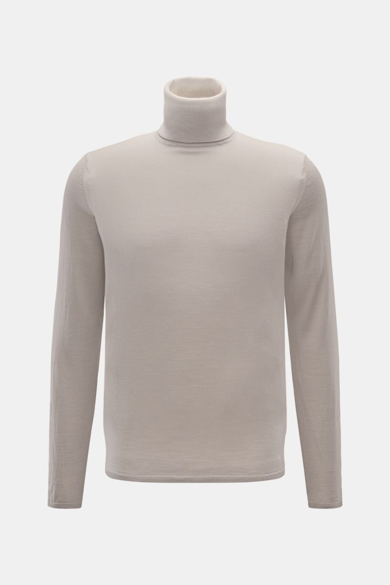 Front view of Kiefermann Merino Feinstrick-Rollkragenpullover 'Theor' hellgrau, a slim fit light gray merino wool turtleneck with fine knit, soft texture, narrow ribbed cuffs, and close-fitting collar. Kompromisslos stilvoll: Der Rollkragenpullover 'Th