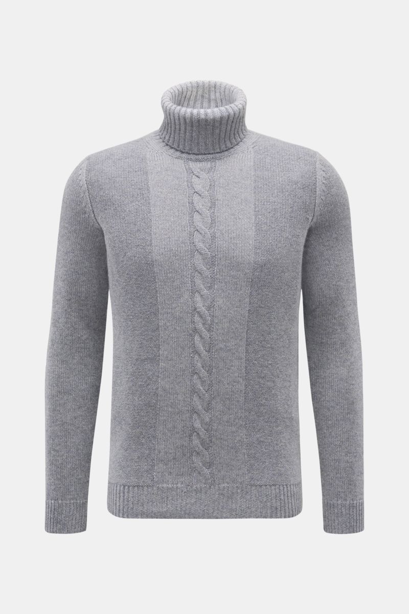 von Braun Cashmere Rollkragenpullover grau, Slim Fit, reiner Cashmere, weicher Griff, mittelfeines Strickbild mit Links- und Zopfstrickmuster, frontal fotografiert.