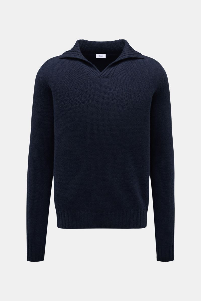 von Braun Cashmere Troyer navy, frontale Ansicht, edler Pullover aus reiner Inner Mongolei Cashmere, sportiver Rippstrick, Stehkragen, Regular Fit, weich und warm