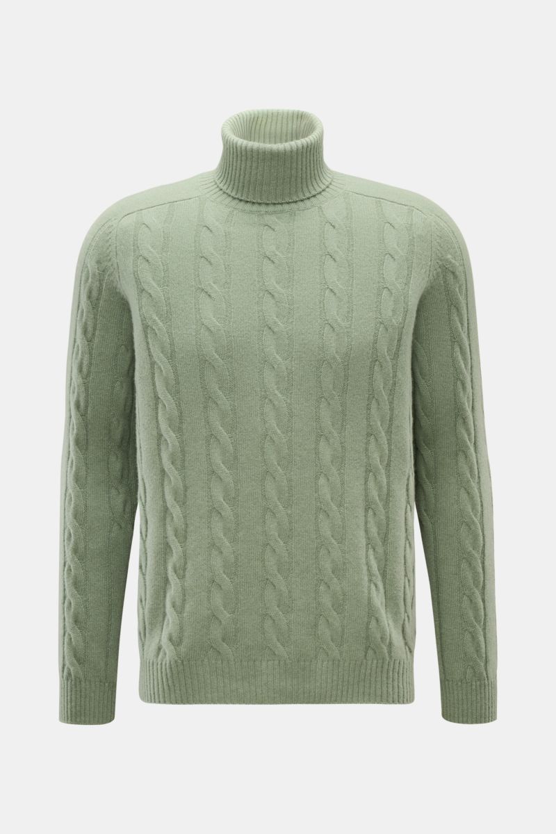 von Braun Cashmere Rollkragenpullover graugrün, frontale Ansicht, softer, reiner Cashmere mit zeitlosem Zopfstrickmuster, Regular Fit, anliegender Rollkragen, flexible Rippbündchen, sehr weicher Griff, ideal für Winterkomfort.