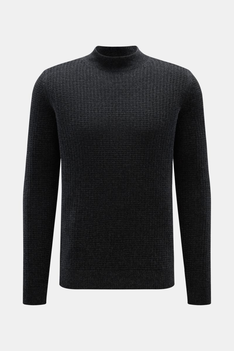 von Braun Cashmere Mock Neck Pullover anthrazit meliert, frontal fotografiert, Slim Fit, mittelfeiner Strukturstrick, weicher Griff, Rippstrick-Mock Neck und Rippbündchen aus reinem mongolischem Cashmere.