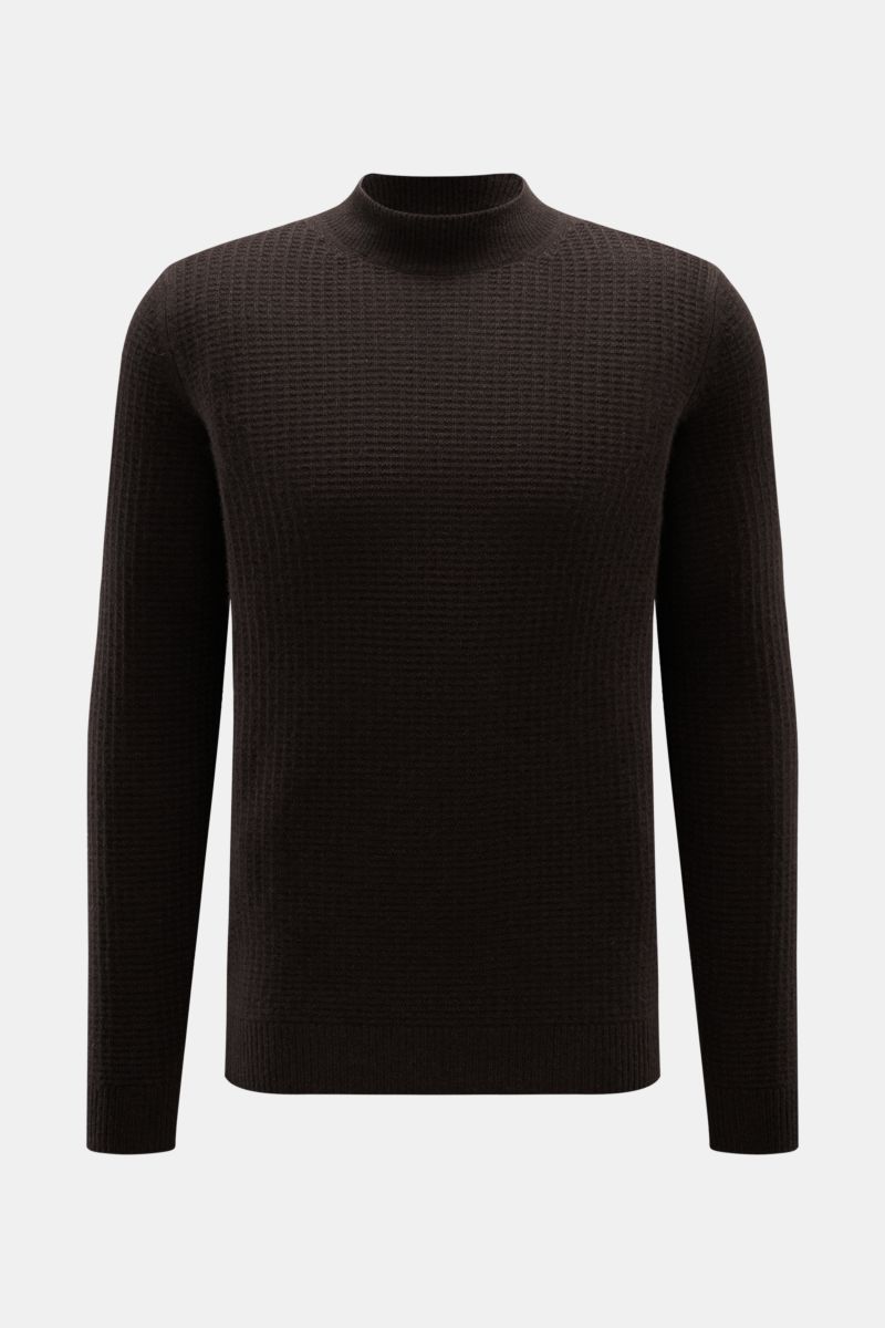 von Braun Cashmere Mock Neck Pullover dunkelbraun, frontal fotografiert, Slim Fit, edler Strukturstrick aus reinem mongolischem Cashmere mit weichem Griff, mittelfeinem Strickbild, Rippstrick-Mock Neck und komfortablen Rippbündchen.