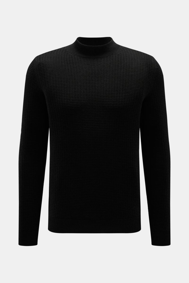Schwarz fotografierter von Braun Cashmere Mock Neck Pullover aus reinem mongolischem Cashmere, edler Strukturstrick, Slim Fit, Rippbündchen.