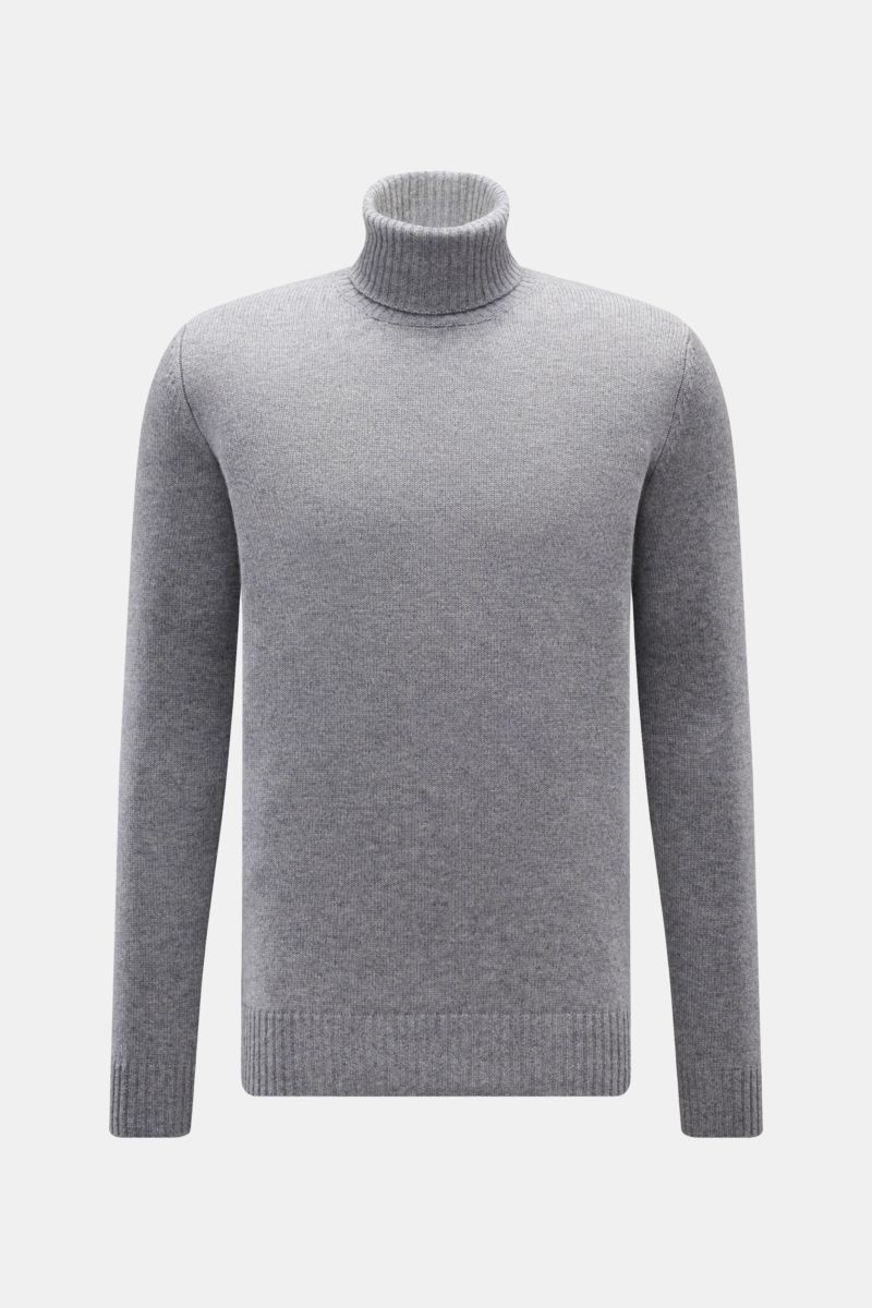 von Braun Cashmere Rollkragenpullover grau meliert, frontal fotografiert, mittelfeiner Strick, reiner Cashmere, weicher Griff, Regular Fit, anliegender Rollkragen, Rippbündchen, edler Alltagspullover.
